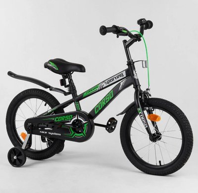 Дитячий велосипед CORSO R-16218 16 дюймів 2-х колісний, ручне гальмо, дзвіночок, Дод. колеса, зібраний на 75 в коробці 461296 фото