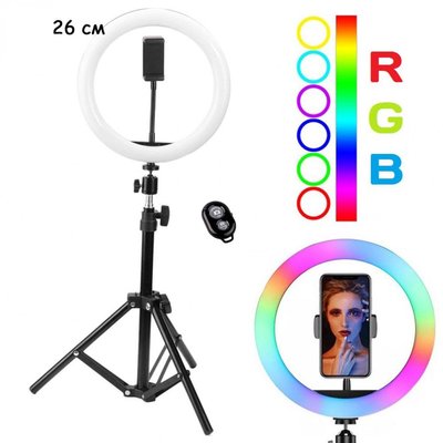 Комплект блогера Ringlight кільцева LED лампа MJ26 RGB 26 см зі штативом 2 м та Bluetooth кнопкою для телефону 416123 фото