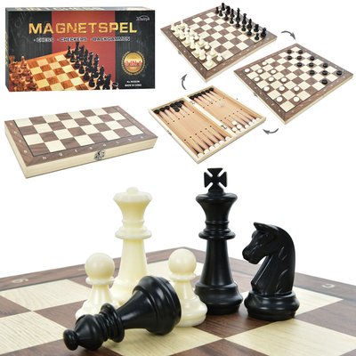 Настільна гра 3 в 1 (шахи, шашки, нарди) ігрове поле з дерева, фігурки із пластику з магнітом у коробці 34.5 18 3.5 см 528313 фото