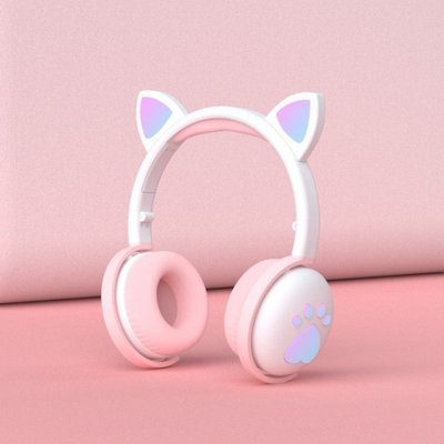 Бездротові навушники "CAT" BK1 з котячими вушками та LED лапками WHITE+PINK 530780 фото