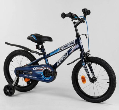 Дитячий велосипед CORSO R-16515 16 дюймів 2-х колісний, ручне гальмо, дзвіночок, Дод. колеса, зібраний на 75 в коробці 461404 фото