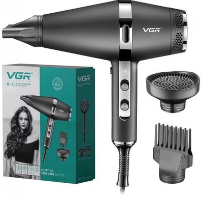 Фен для волосся VGR V-451 іонізація, турбо режим, 3 насадки, 2 швидкості 2200 Вт Чорний 512194 фото