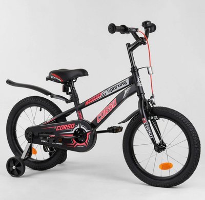Дитячий велосипед CORSO R-16119 16 дюймів 2-х колісний, ручне гальмо, дзвіночок, Дод. колеса, зібраний на 75 в коробці 461295 фото