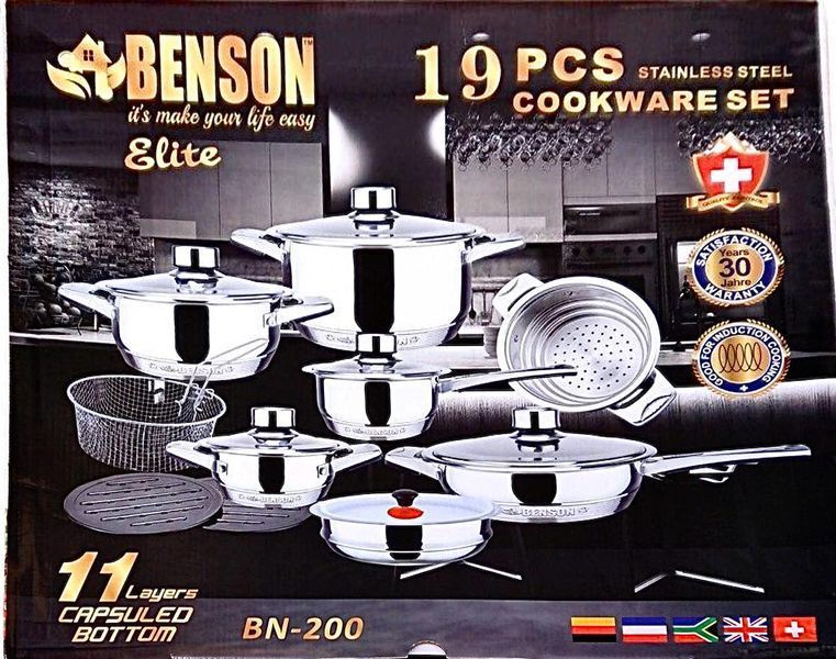 Набір каструль 1.6л, 1.8л, 2.9л, 3.1л, 6.3л із нержавіючої сталі Benson BN-200 (19 предметів) 513240 фото
