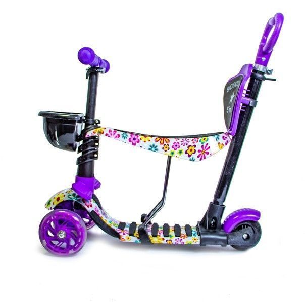 Самокат трехколесный с родительской ручкой Scooter 5 в1 Фиолетовый цветок 454302 фото