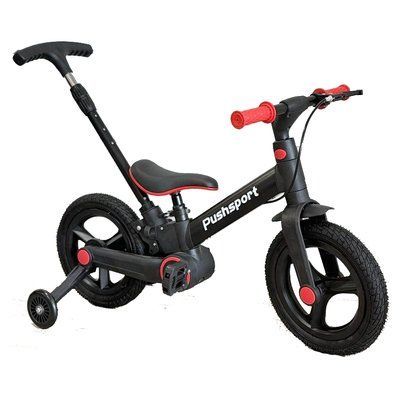 Детский велосипед велобег Pushsport 4 в 1 с родительской ручкой черно-красный 608930 фото