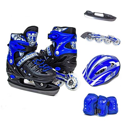 Комплект ролики-коньки 2 в 1 с защитой и шлемом Scale Sports, Синий, размер 34-37, светящиеся колеса 469218 фото