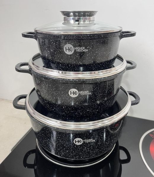 Набір каструль Higher Kitchen НК-301 Алюміній із гранітним покриттям 8 предметів Чорний 532699 фото