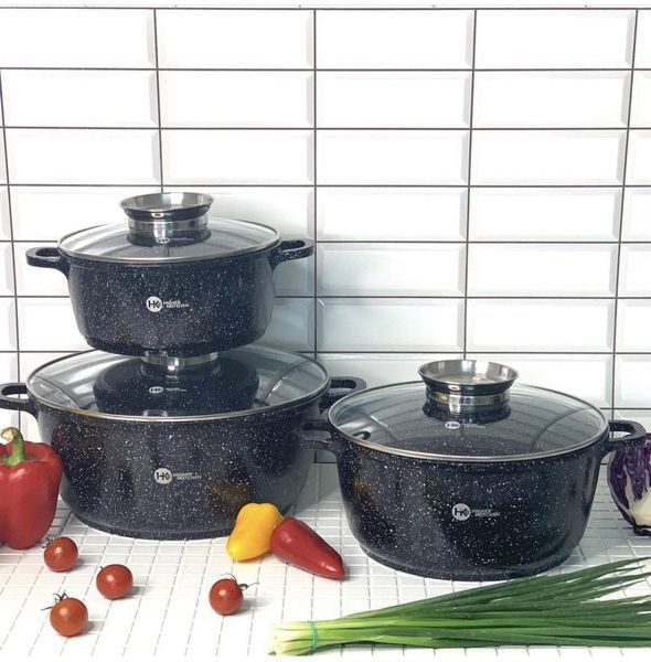 Набір каструль Higher Kitchen НК-301 Алюміній із гранітним покриттям 8 предметів Чорний 532699 фото
