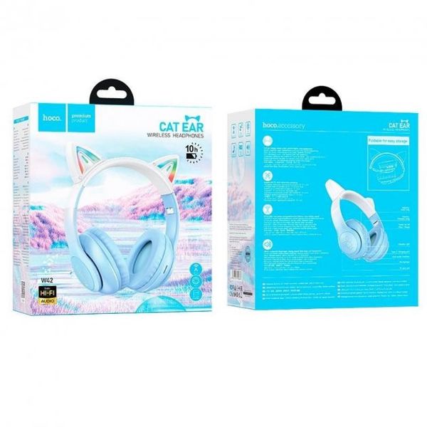 Беспроводные наушники Bluetooth HOCO Cat ears W42 Blue с ушками и подсветкой 530424 фото