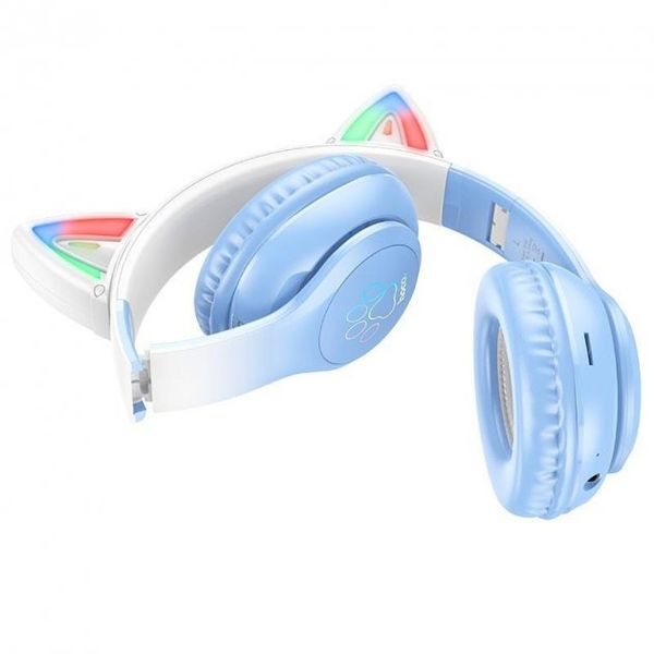 Беспроводные наушники Bluetooth HOCO Cat ears W42 Blue с ушками и подсветкой 530424 фото