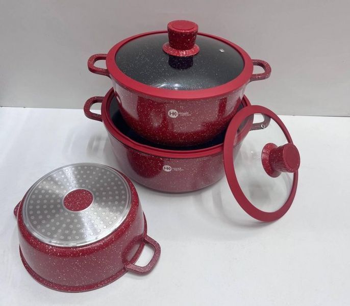 Набір каструль із гранітним покриттям та силіконовими кришками Higher Kitchen НК 325 8 предметів Червоний 532702 фото