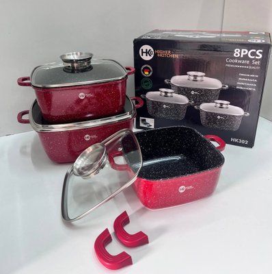 Набор квадратных кастрюль с гранитным покрытием на 8 предметов Higher Kitchen НК-302 Красный 532704 фото
