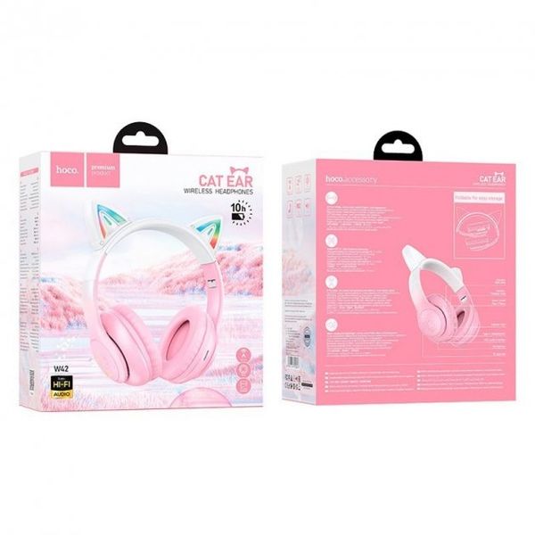 Беспроводные наушники Bluetooth HOCO Cat ears W42 Pink с ушками и подсветкой 530426 фото