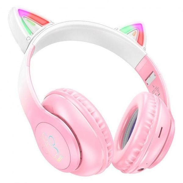 Беспроводные наушники Bluetooth HOCO Cat ears W42 Pink с ушками и подсветкой 530426 фото