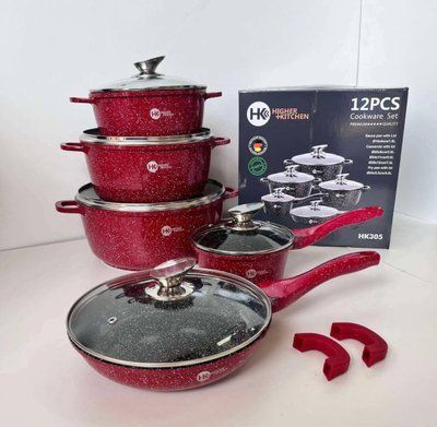 Набор посуды Higher Kitchen НК-305 Алюминий с гранитным покрытием 12 предметов Красный 532696 фото