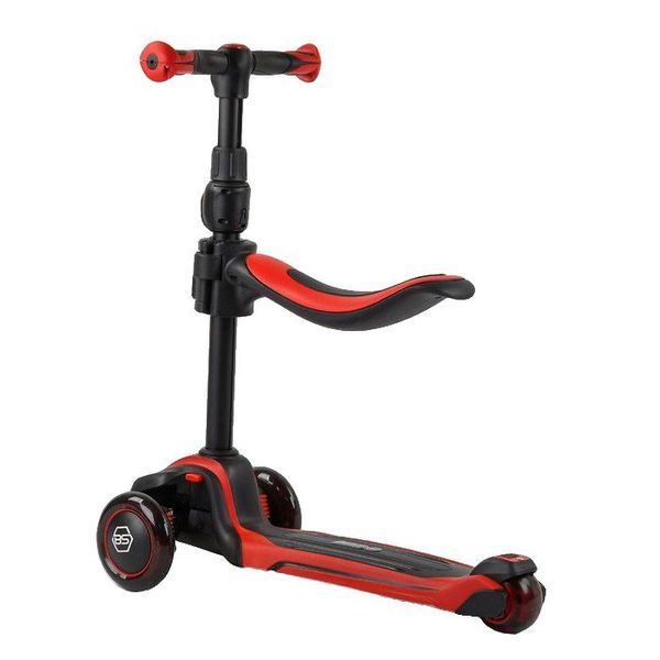 Самокат триколісний BestScooter JS-10711 зі знімним сидінням, алюмінієве кермо, колеса зі світлом, чорно-червоний 461752 фото