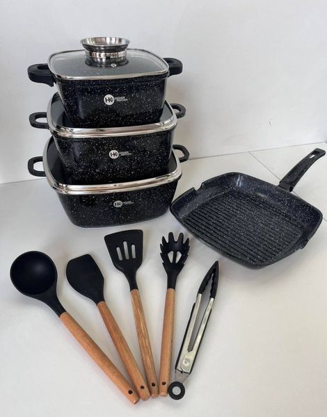 Набір посуду Higer Kitchen НК-317 квадратні каструлі та скородня 14 предметів Чорний 532707 фото