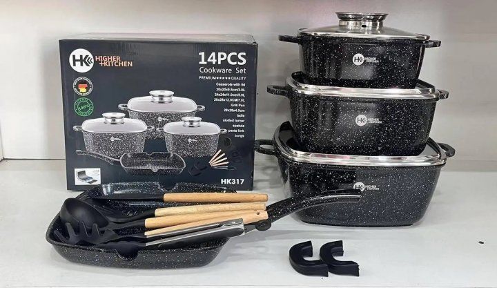 Набір посуду Higer Kitchen НК-317 квадратні каструлі та скородня 14 предметів Чорний 532707 фото
