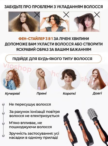 Профессиональный фен стайлер для укладки волос Professional Hot Air Style Gemei GM-4828, щетка, расческа, браш с 3-х насадками, ионизацией и керамическим покрытием, 1000 Вт 447554 фото