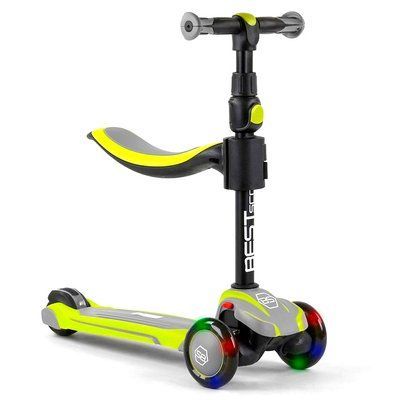 Самокат трехколесный BestScooter JS-20815 со съемным сидением, алюминиевый руль, колеса со светом, Салатовый с серым 491671 фото
