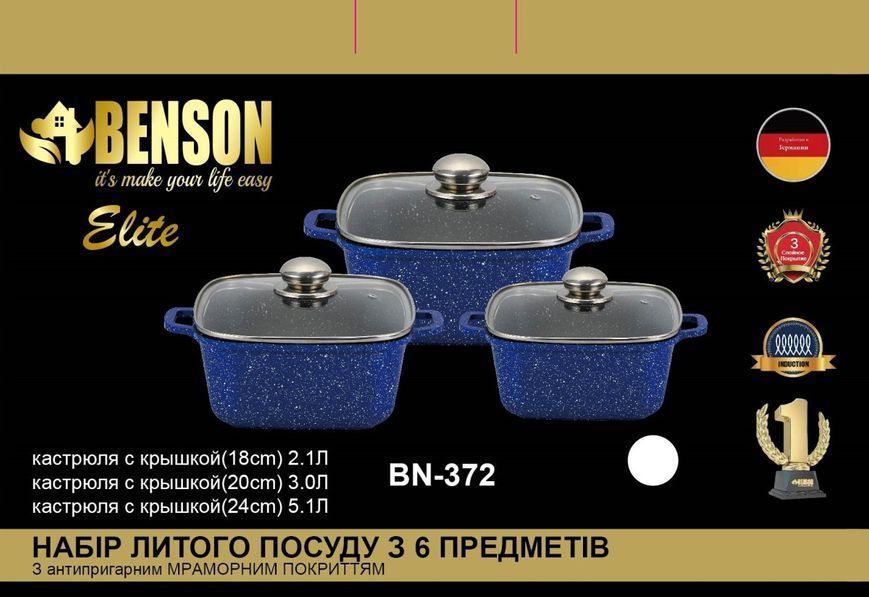 Набір каструль Benson BN-372 6 пр. з антипригарним покриттям Синій 515550 фото