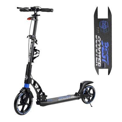 Двоколісний складаний самокат BestScooter 90166-B, колеса PU 230/200, дискове гальмо, амортизатори, чорно-синій 477257 фото