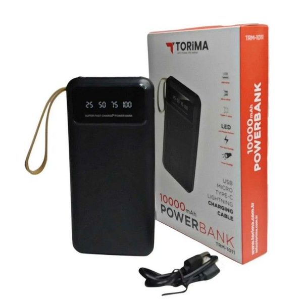 Power Bank TORIMA TRM-1011 10 000 mAh с фонариком и встроенными зарядными кабелями Черный 489041 фото