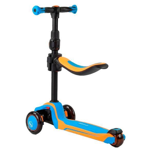 Самокат триколісний BestScooter JS-10711 зі знімним сидінням, алюмінієвий кермо, колеса зі світлом, Оранжево-Блакитний 491691 фото
